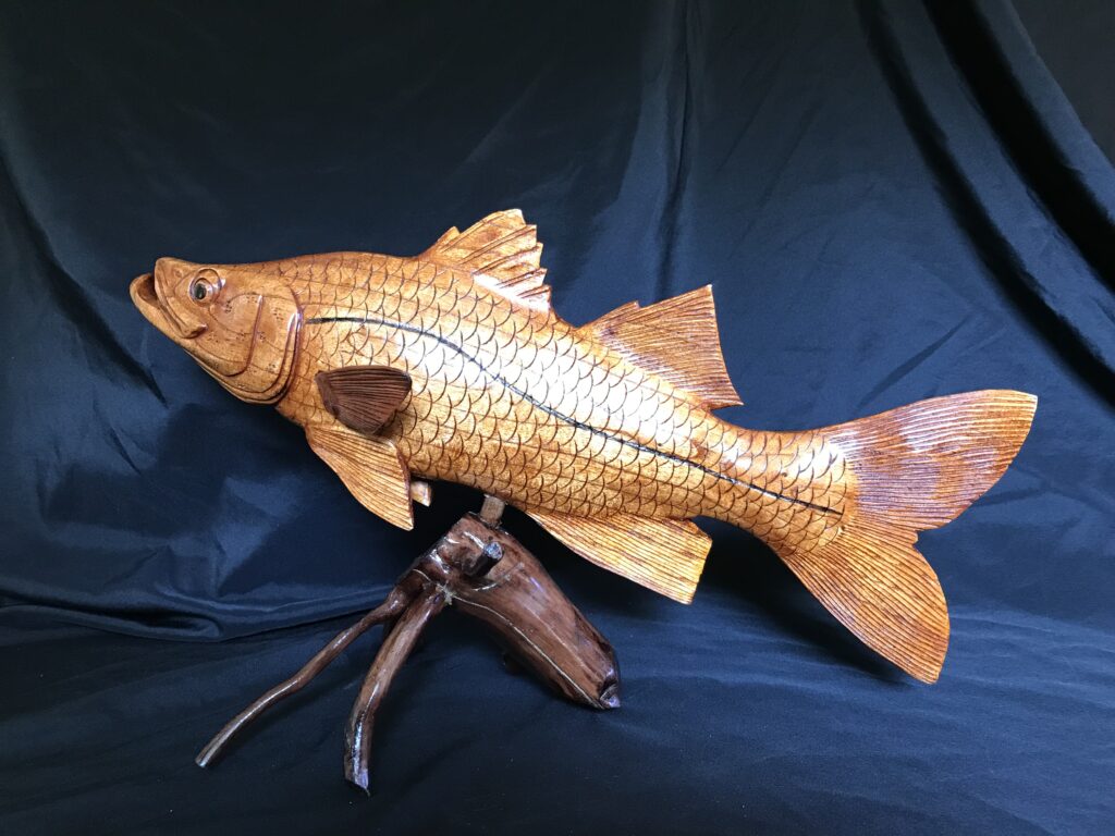 Highly Detailed Snook Fish Wood Carving On Driftwood Base
