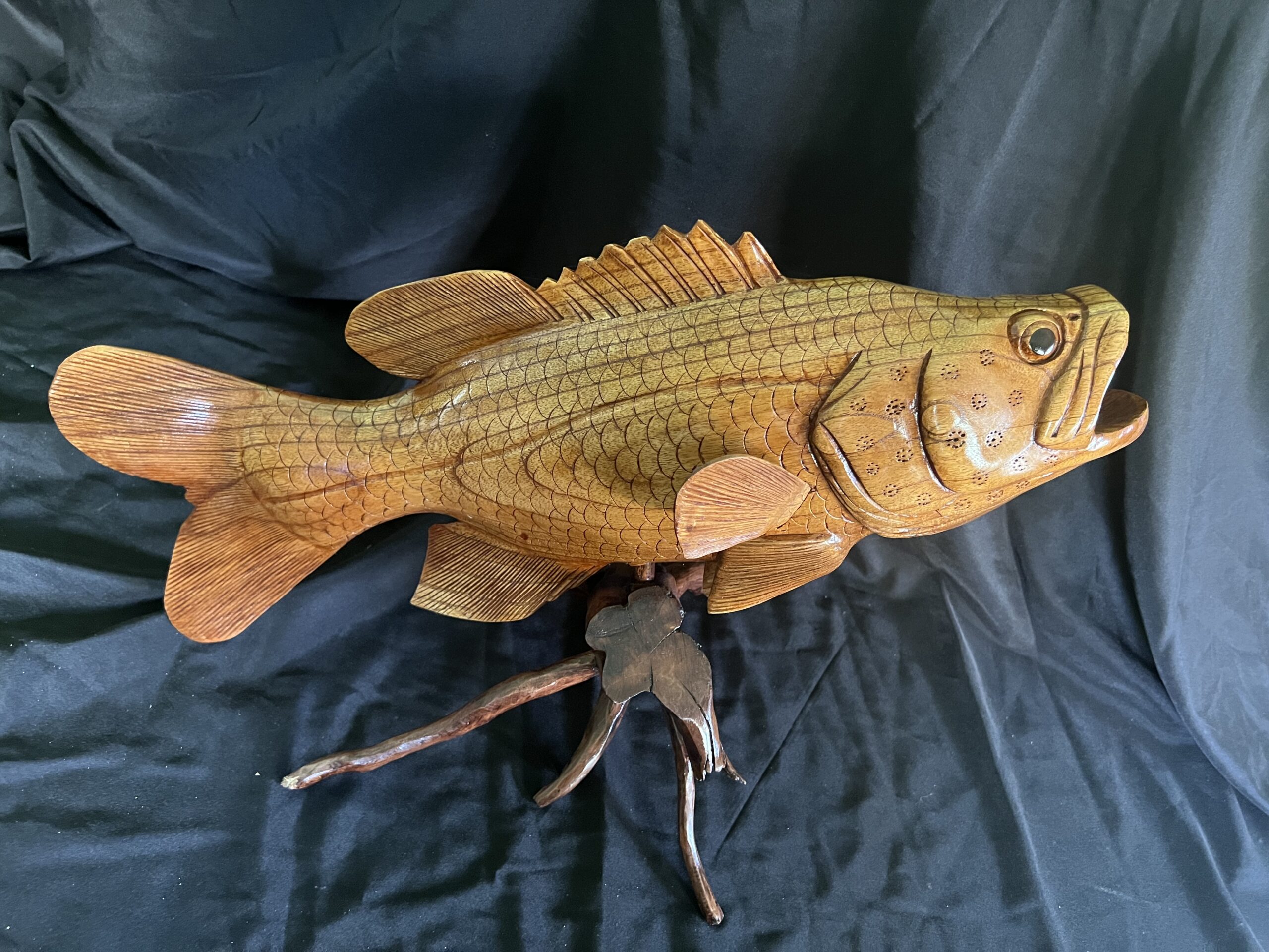 Highly Detailed Grouper or Bass Fish Wood Carving On Wood
