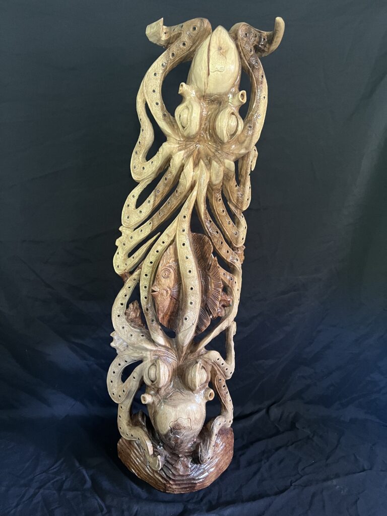 Octopus Fighting For A Fish Wood Sculpture/Carving, Entirely Hand Carved