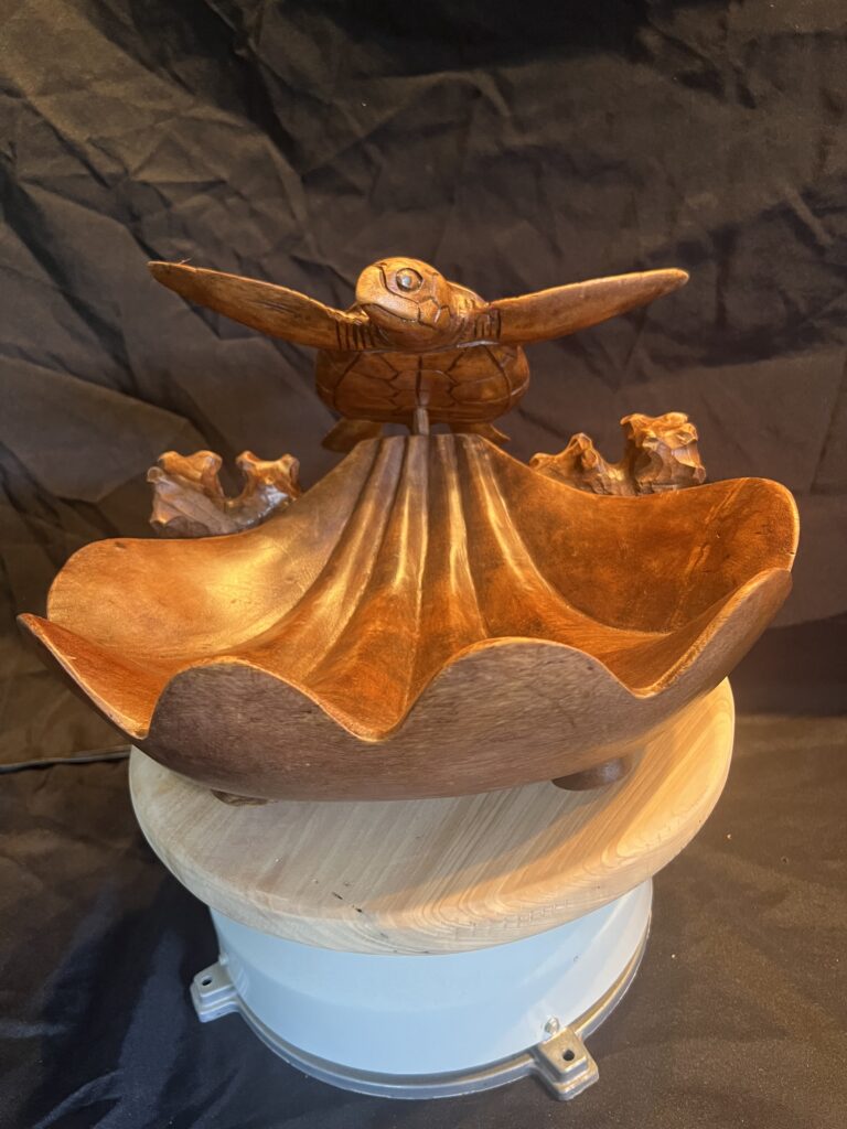 Wood Oyster Shell Bowl with Logger Head Sea Turtle or Dolphin Wood Carving