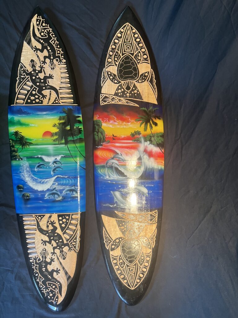 Turtle and Lizard Surf Board Art, Relief Carved by Hand with Airbrush Sunrise Surf