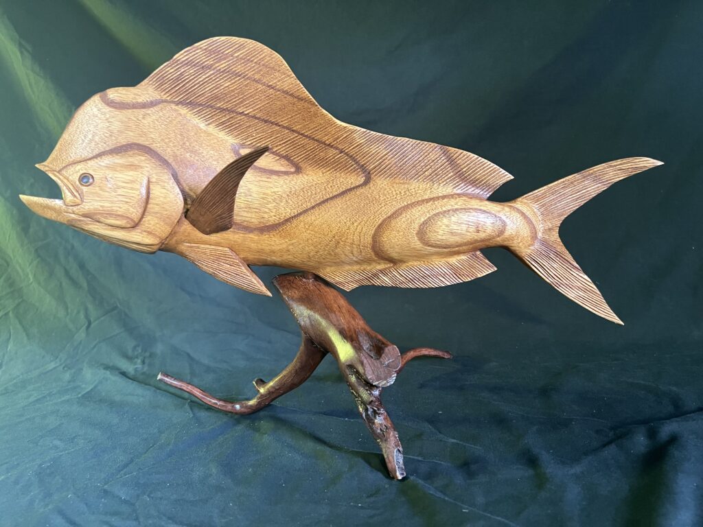 Highly Detailed Mahi-Mahi, Dorado, Dolphin Fish Wood Carving On Driftwood Base